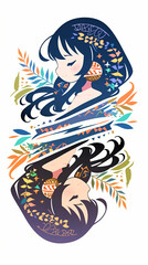 物思いにふける女の子、イラスト、パッチワーク