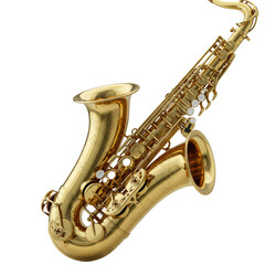 Fototapeta premium Pristine golden tenor saxophone, lacquered brass, gleaming keys, pearlescent buttons, transparent studio, soft high-key shadowless lighting, concept of musical perfection.