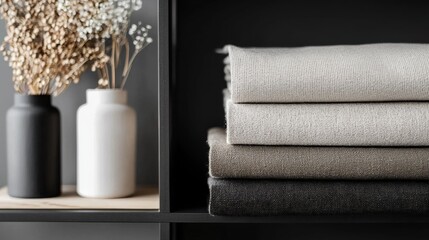 Black shelf with a stack of folded fabric on it. on the left side of the shelf, there are two white vases with dried flowers in them. the vases are placed on a wooden surface.