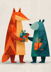 Obraz premium Fox and Bear Exchanging Gifts