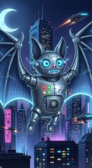 Fototapeta premium A futuristic robotic bat with glowing blue eyes and mechanical wings hovers in a neon lit city at night under a crescent moon