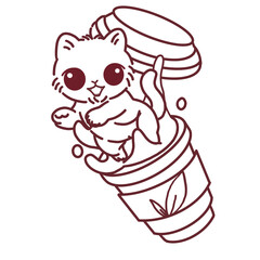 Cafe Cat Line Art Collection, Cozy Tea Time Illustration Set