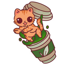 Cute Cat with Matcha Bowl, Happy Kitten Tea Time Illustration