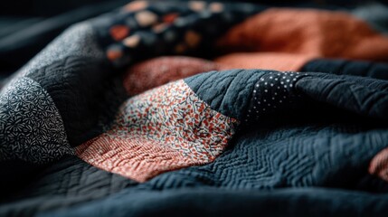 Close-up of a pile of fabric with different patterns and colors. the fabric appears to be a dark blue color with a subtle texture.
