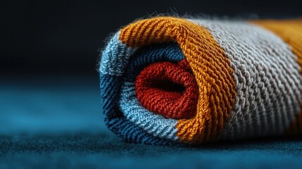 Close-up of a folded blanket or throw. the blanket is made up of three colors - blue, orange, and gray.