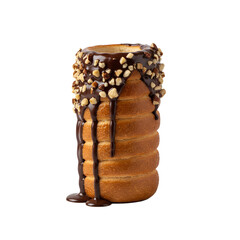 
kürtoskalács pastry drizzled with chocolate and sprinkled with chopped nuts, isolated on transparent background
