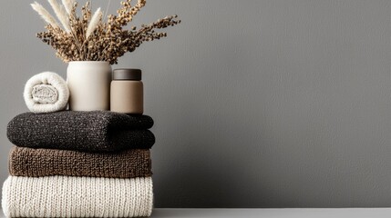 Stack of folded towels in various colors and patterns on a white surface against a gray wall. on top of the stack, there is a white vase with dried flowers in it.