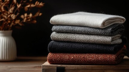 Stack of folded towels on a wooden surface. the towels are neatly folded and stacked on top of each other. the topmost towel is white, the middle one is black, and the bottom one is orange.