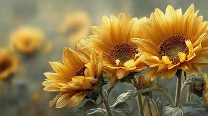 Obraz premium A close-up of vibrant sunflowers with golden petals, set against a blurred background of additional flowers, creating a cheerful and warm atmosphere.