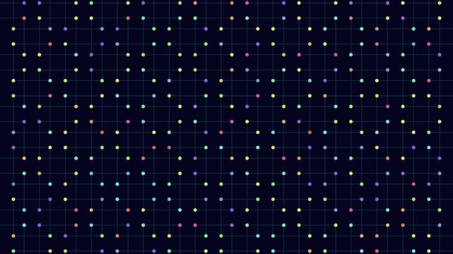 Colorful dots forming a grid pattern on a dark backdrop. Rows and columns have even numbers of dots in varying hues like blue, purple, pink, and yellow, creating a harmonious visual scheme