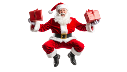 Playful Santa Claus Jumping with Gifts, Dynamic Pose, Transparent PNG