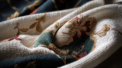 Close-up of a fabric with a floral design. the fabric appears to be made of a soft, textured material, possibly cotton or linen.