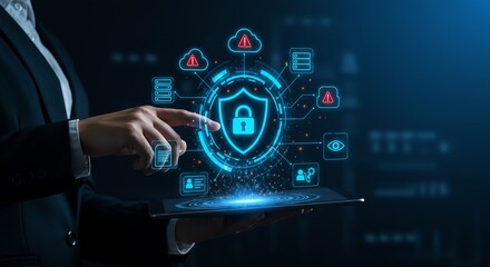 Modern Cybersecurity and Data Protection Concept: Businessperson Interacting with a Digital Shield Interface on a Tablet, Representing Secure Cloud Computing, Network Security, and Data Privacy