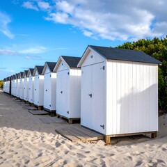 Naklejka premium White beach huts on sandy shore (1)