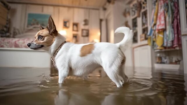 Distressed Dog in Flood: A small dog stands in the flooded water of a bedroom, showcasing the devastation caused by the flooding disaster.