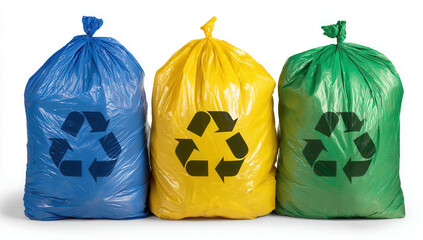 Color-coded trash bags for recycling, waste, and composting displayed on a white background