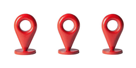 Three Red Location Pin Icons Arranged in a Row map marker symbol isolated on a transparent background
