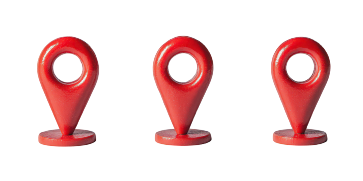 Three Red Location Pin Icons Arranged in a Row map marker symbol isolated on a transparent background
