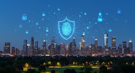 Digital Security Concept: Cybersecurity and Data Protection, Represented by a Futuristic Fingerprint Shield Over a Modern City Skyline at Dusk