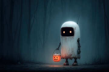 Cyberpunk halloween ghostly robot with candy bucket in eerie forest cartoon style spooky ambiance