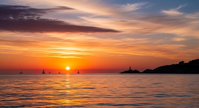 A breathtaking sunset over the tranquil sea, with sailboats silhouetted against the vibrant sky, and a lighthouse on the distant shoreline.