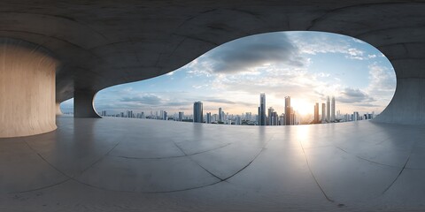 wide angle view of empty concrete floor with modern curved design, showcasing city skyline in background. serene atmosphere evokes sense of openness and tranquility.