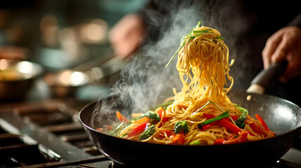 Action shot of a chef tossing noodles in a frying pan