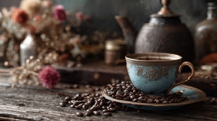 A beautifully styled cup of coffee sits on a wooden table, surrounded by coffee beans and dried flowers, creating a warm and inviting atmosphere.