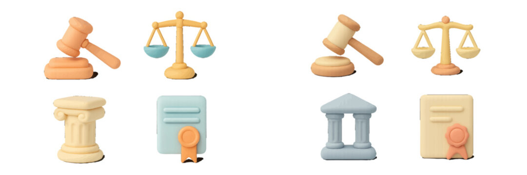 Legal symbols and justice icons with gavel, scales, column, and official documents in a soft, modern style