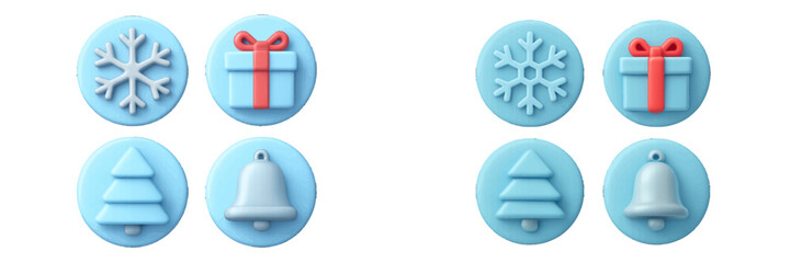 Stylized winter holiday and Christmas icons set with snowflake, gift box, evergreen tree, and bell symbols