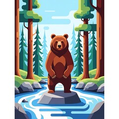 Grizzly Bear River Forest Illustration.