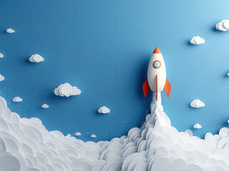 Rocket launching into the sky above fluffy clouds against a bright blue background during a playful and imaginative scene