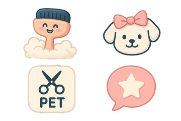 Naklejka premium Pet grooming and care service symbols featuring a happy brush, cute dog, scissors, and a star rating bubble