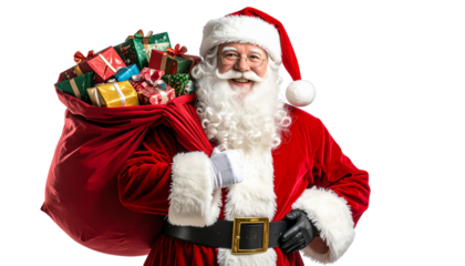  Santa Claus Carrying Colorful Gift Sack, Front View, Transparent PNG