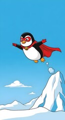Obraz premium Cartoon superhero penguin flying over snowy mountains under a clear blue sky