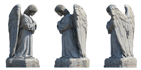 Three Stone Angel Statues in Different Poses Keywords: angel, statue, stone, sculpture isolated on a transparent background