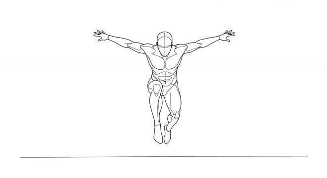 Man in mid air with arms outstretched against a white background