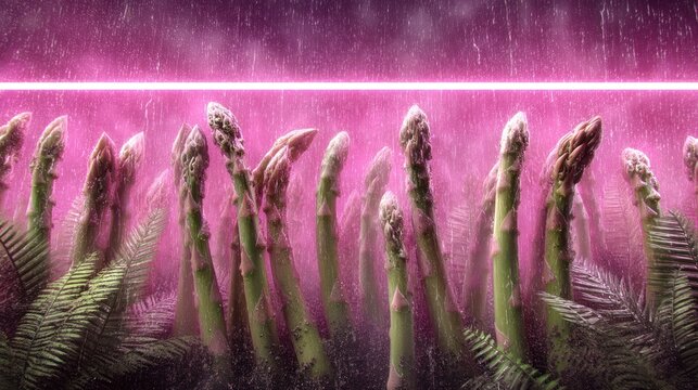 Asparagus spears, illuminated by vibrant pink neon light, stand tall amidst lush greenery in a stylized, rain-filled setting.