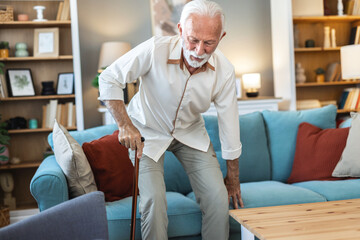 Senior elderly old man disabled patient walking slowly his use walker or cane in living room at home. Feeling painful and suffering from knee pain. Healthcare medical and insurance concept.