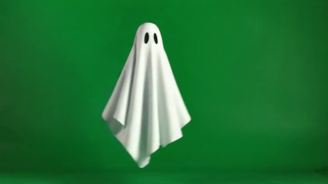 A white ghost with black eyes standing in front of a green screen in a studio setting scene halloween ghost green screen video