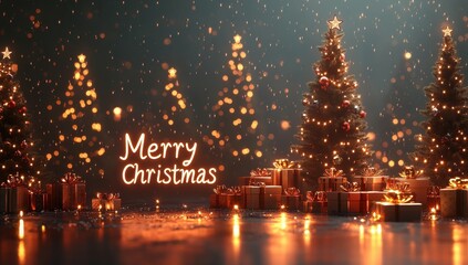 Festive Christmas celebration with glowing trees and wrapped presents in a warm, inviting atmosphere
