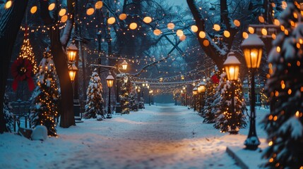 Naklejka premium Winter Wonderland with Snow, Street Lamps, and Christmas Lights