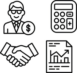 Business and finance icons, financial advisor, calculator, handshake, growth report, corporate, investment, partnership, black and white vector