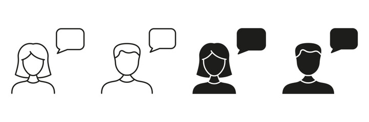 User Communication With Speech Bubbles Line And Solid Icon Set. Dialogue, Interaction, And Messaging Symbol Collection. Social Media And Networking. Isolated Vector Illustration