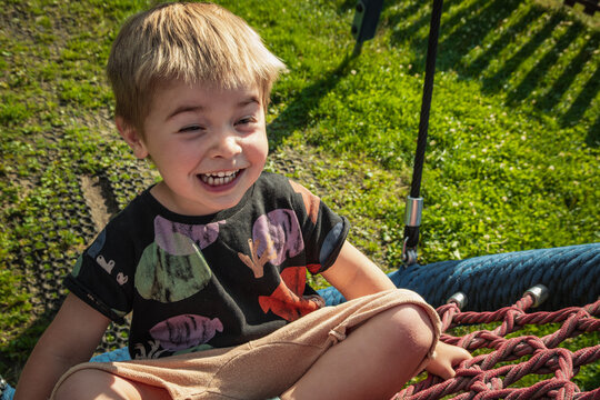 Happy boy swings on a rope nest swing