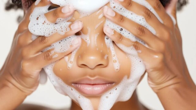 Child washing face with foamy cleanser: soft lather on the face and hands during cleansing; shot for hygiene, family care and kids&rsquo; skincare products.