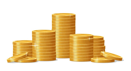 Several stacks of golden coins, some scattered, representing wealth and financial gain.