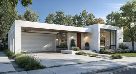 Fototapeta premium Modern architectural elegance with a white garage door and sleek concrete walls beside a lush garden oasis
