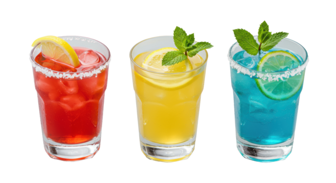 Three vibrant, clear red, yellow, blue cocktails with citrus and mint, 45-degree top-down on pristine transparent background. Refreshing commercial product display