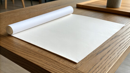Fototapeta premium Rolled Sheet on Wooden Desk Paper